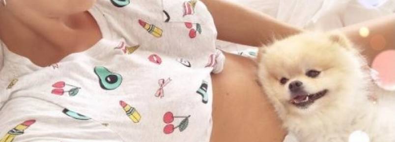 Apaixonada por cachorros, Karina Bacchi posta foto de seu cão deitado na sua barriguinha de grávida
