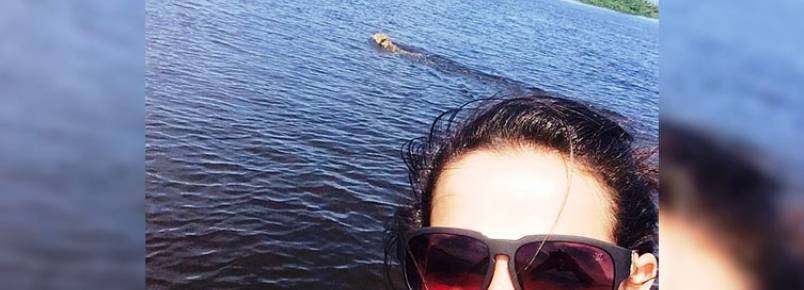 Empresria faz selfie com ona nadando no Rio Paraguai.
