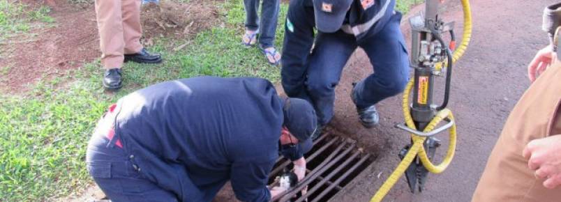 Defesa Civil e Polcia Militar resgatam gato preso em bueiro